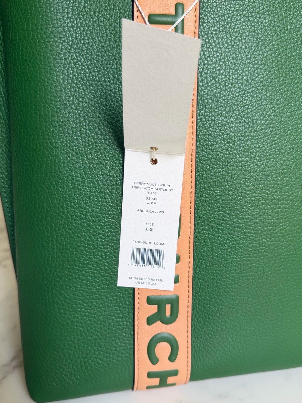 NWT Tory Burch Perry Multi Stripe Leather Triple Compartment Tote Arugula Green - Picture 15 of 16
